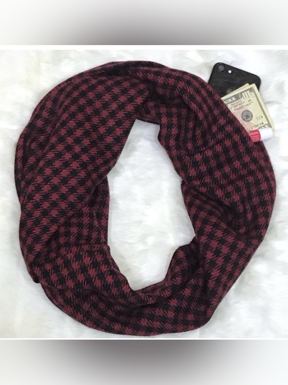 NWT Red & Black Plaid Women’s Infinity Scarf With Hidden Zip Pocket